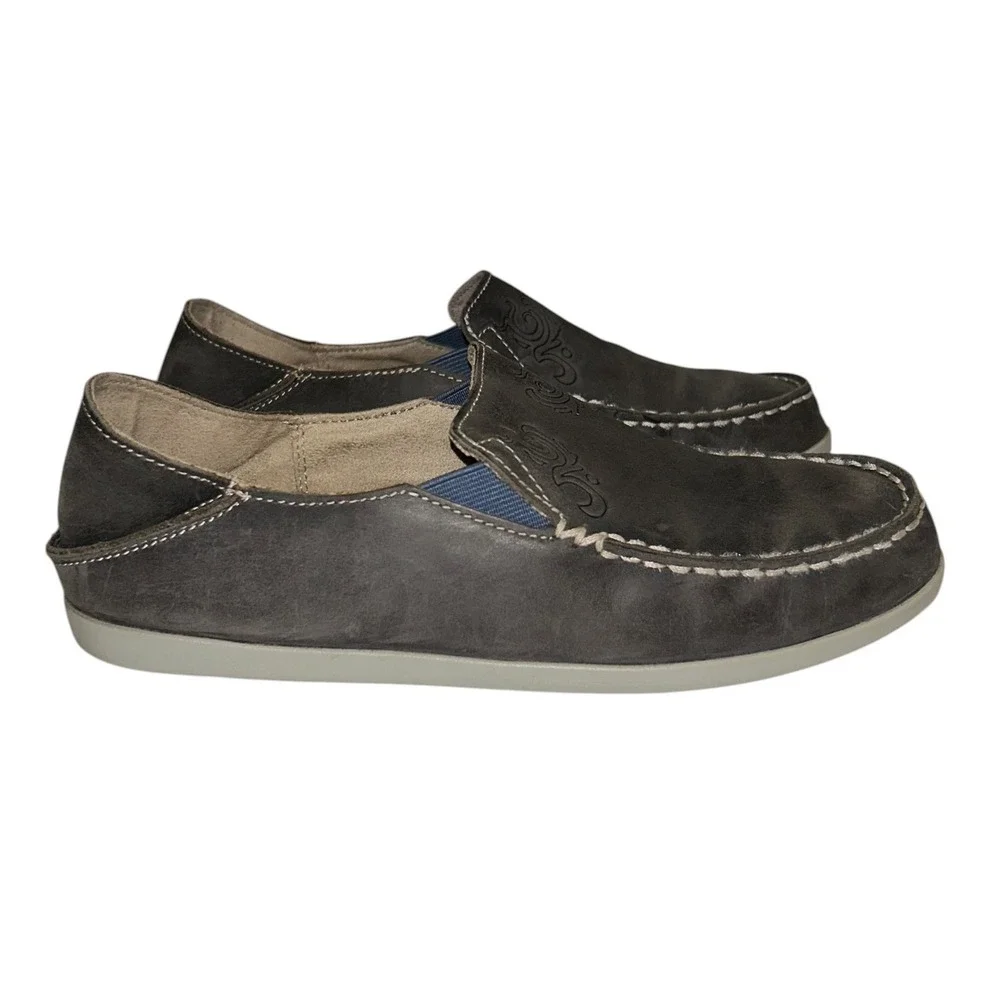 Olukai Nohea Nubuck Charcoal Gray Leather Slip On Loafers Womens 8 20174-VIPG